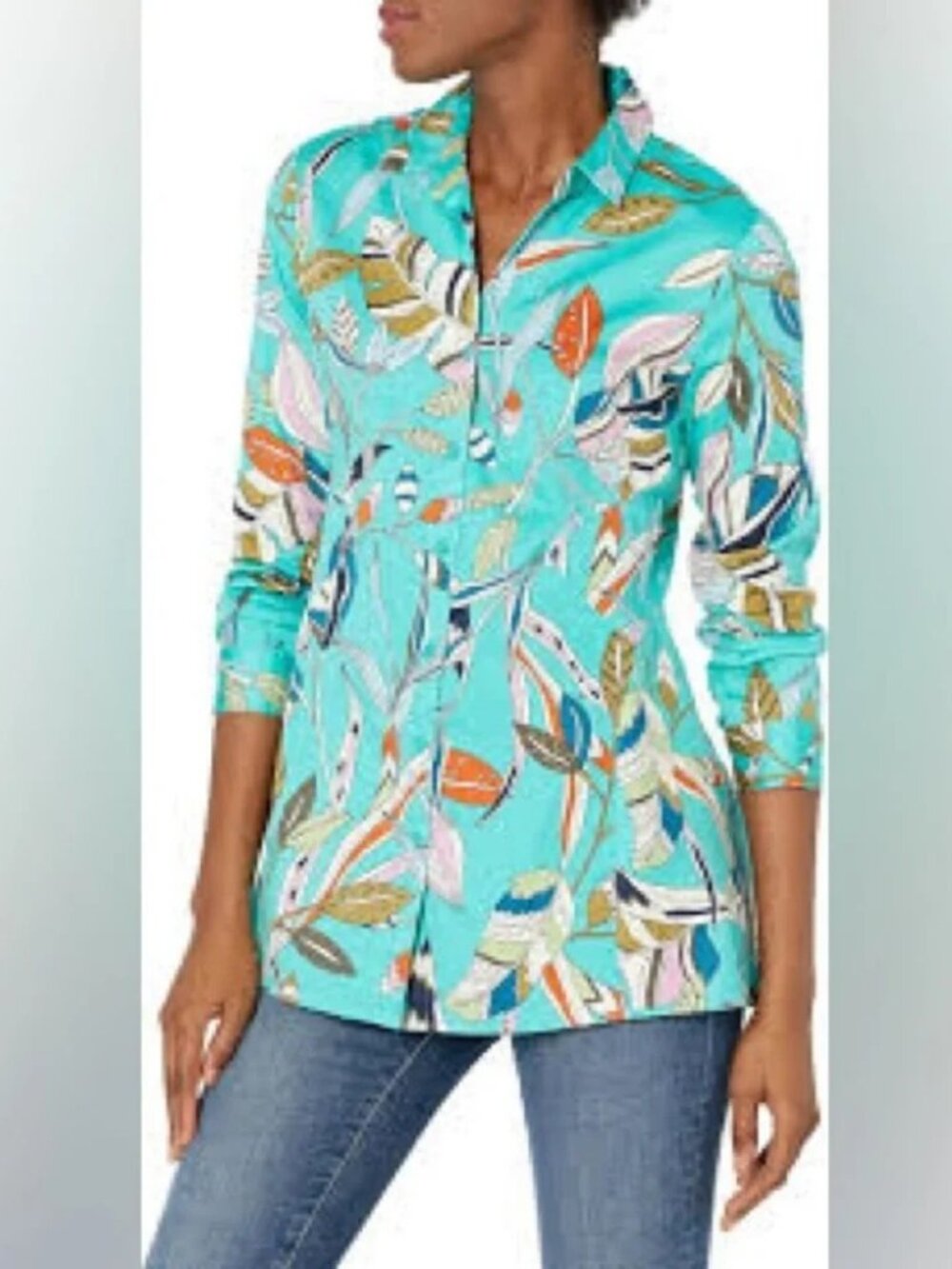 Nic + Zoe Riviera Botanic Tunic Blouse in Bright Turquoise Multi ** Size Large